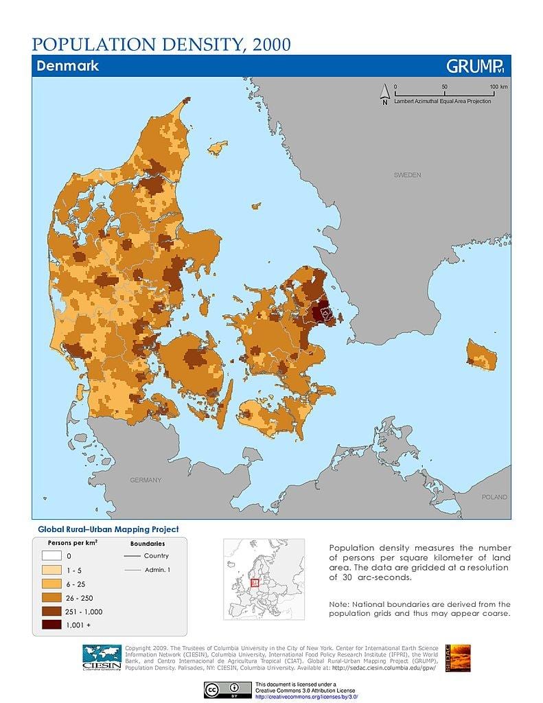 Дания карте плотности населения