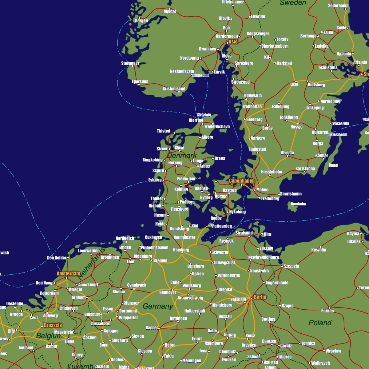 Дания железнодорожных карте