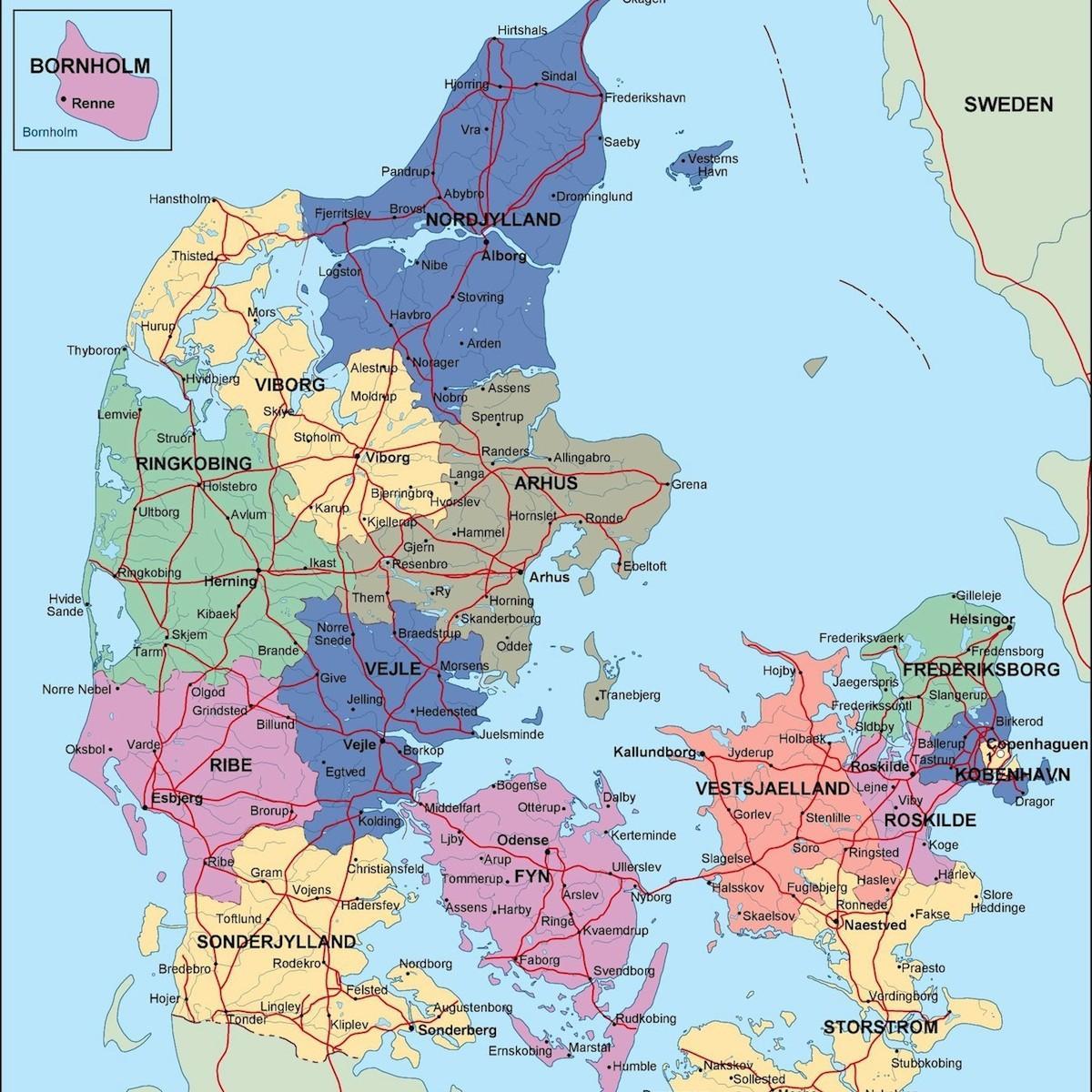 Карта Дании политические 